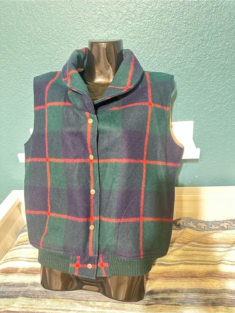 Silver Jeans Green & Navy Plaid Sleeveless Vest with Red Windowpane